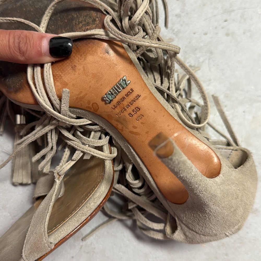 Fringed Tan High Heel Sandals - Schutz Heels - Women's 8.5 Excellent Condition - Picture 4 of 4